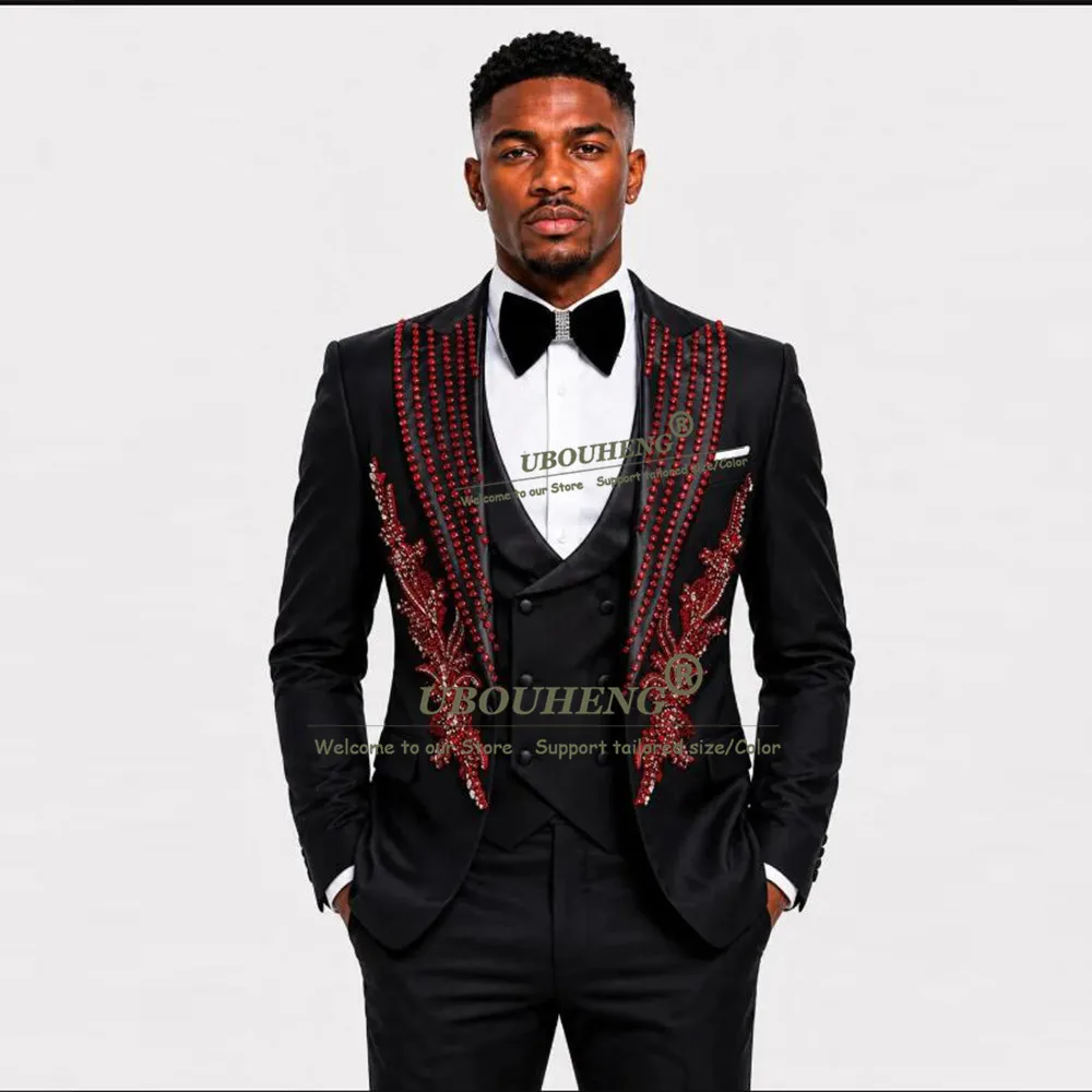 Exclusive Men's Suit For Wedding Red Rhinestones Appliques Prom Blazers Customized 3 Pieces Sets Groom Tuxedo Costumes Hommes