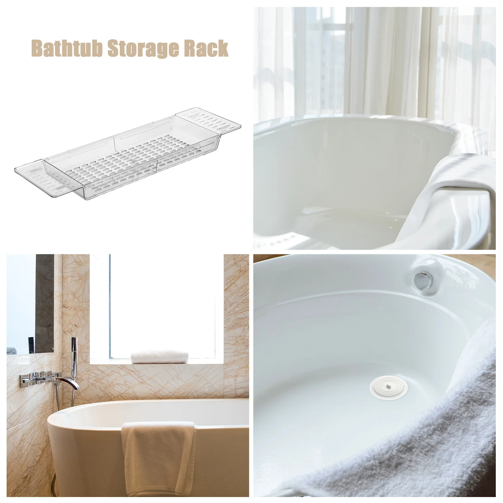 

Expandable Bathtub Tray Adjustable Bath Tub Shelf Anti-Slip Plastic Caddy Clear Rectangular Bathroom Organizer Spa Shower