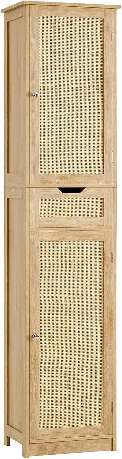 Tall Narrow Storage Cabinet With Doors, Handwoven Rattan Bathroom Cabinet With Adjustable Shelves, Freestanding Linen Storage Organizer Tower For Living Room Entryway Kitchen, Natural Wood Tone