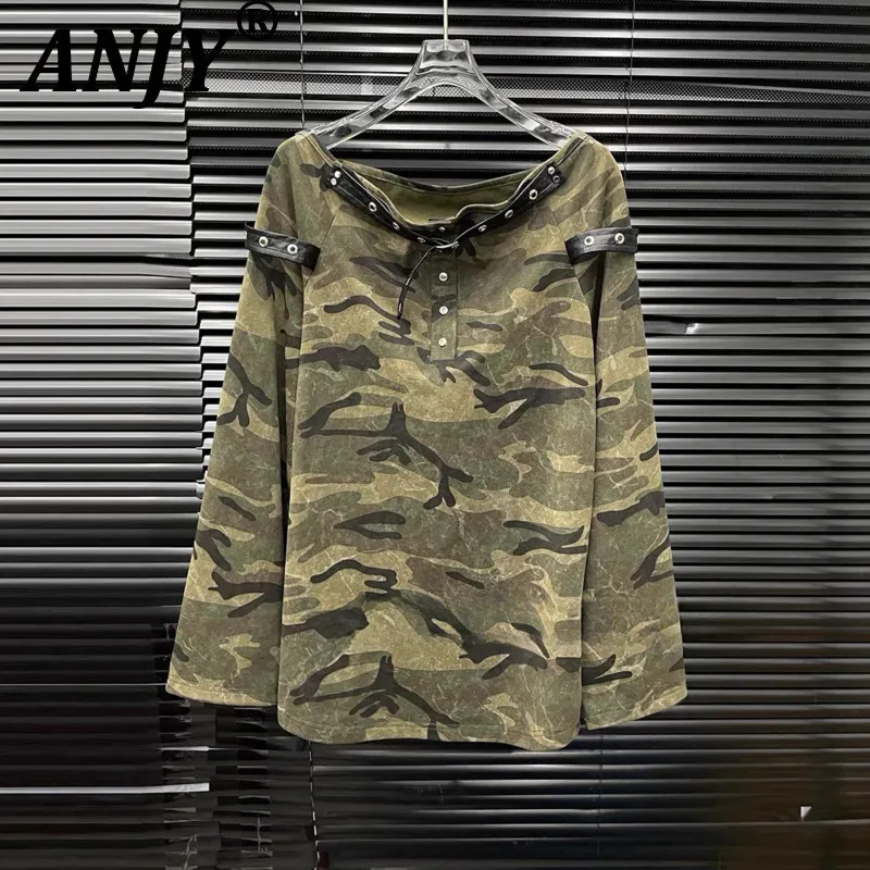 

ANJY 2025 Autumn Winter New Women Fashion Off-Shoulder Tide Camouflage T-Shirt Chic Ins Slimming Long Sleeve Pullover Top A16625