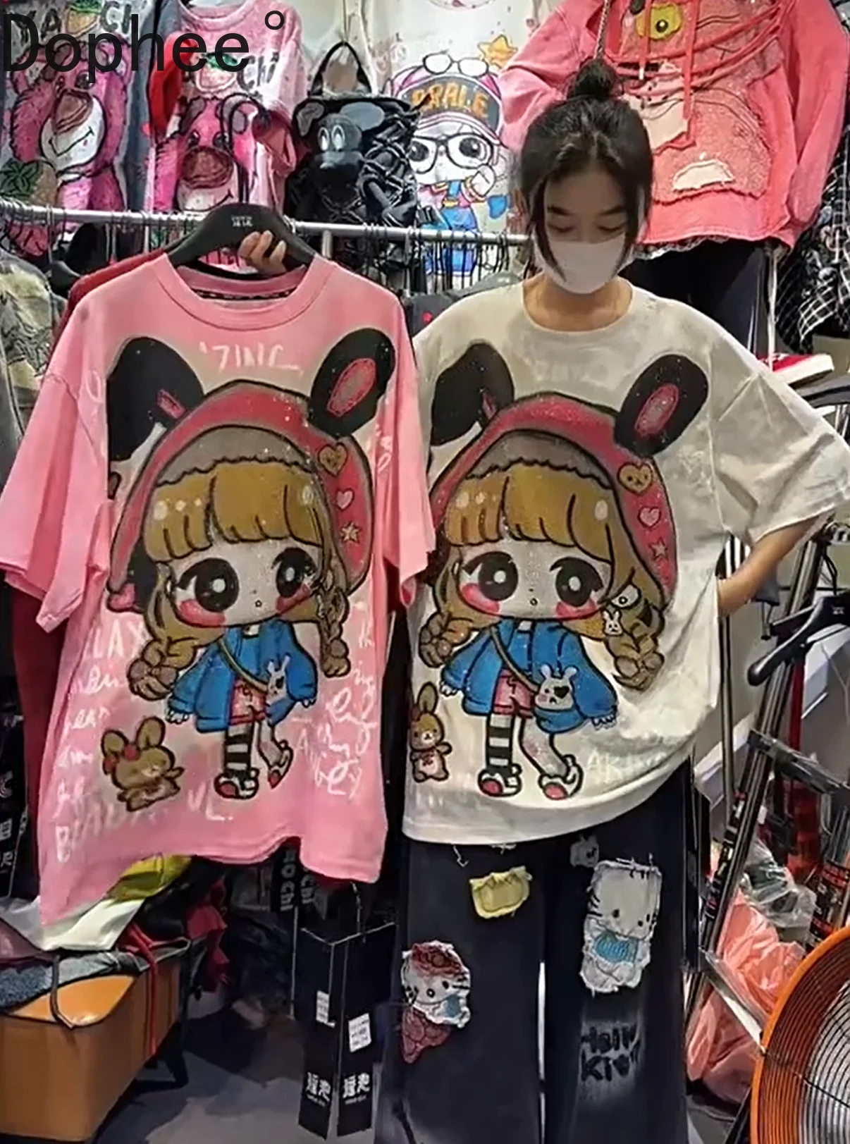 Trendy Tie-dye Cartoon Hot Drilling Loose Women T-shirt All-match O-neck Cotton Pullover Top High Street Short Sleeve Casual Tee