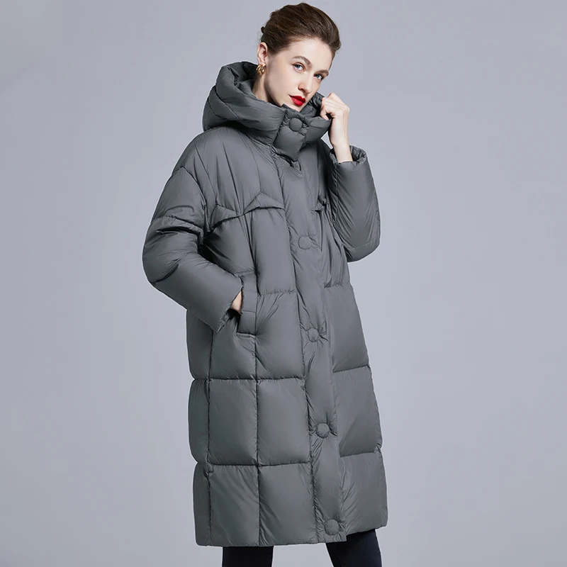 Piumino da donna con cappuccio extra lungo, giacca trapuntata imbottita in piuma grigia con tasche frontali Polsini regolabiliParka invernale oversize