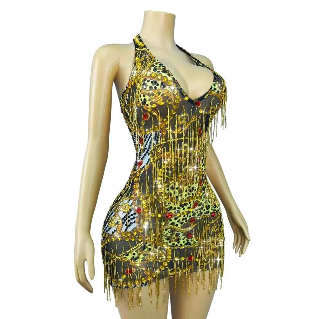 ชุดเดรสสั้นรัดรูปประดับเพชรทอง - Sparkly Rhinestone Club Party Dress บทวิจารณ์และราคา