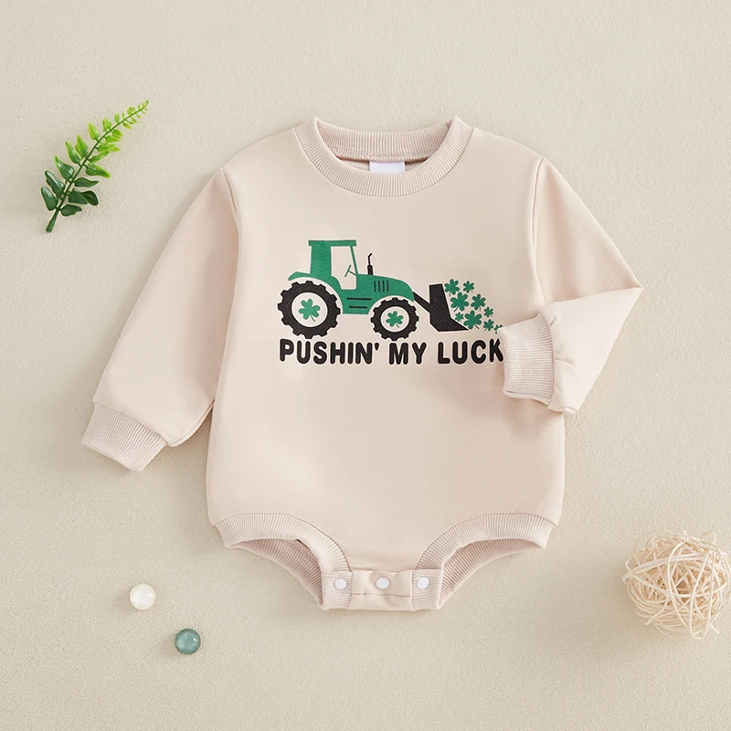 Baby Irish Sweatshirt Romper Letter Shamrock Print Long Sleeve Crew Neck Bubble Jumpsuit