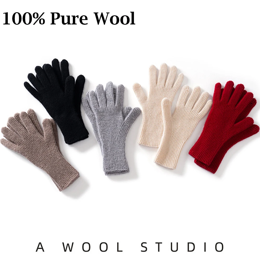 2026 Women's Wool Gloves Winter 100% Wool Knitted Mittens Classic Design Long Wrist Black Red Woolen Cashmere Adult Gloves 1Pair