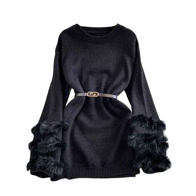 بلوزة عصرية بأكمام فروي كلاسيكية للنساء في الشتاء مع حزام خصر وسترة محبوكة متوسطة الطول #4