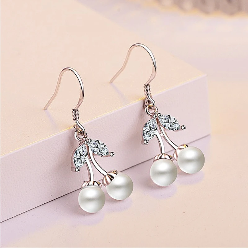 PONYKISS التبتية الفضة الزركون تقليد اللؤلؤ الكرز وأقراط للنساء لطيف مصنع مجوهرات الأزياء الحد الأدنى اكسسوارات #5