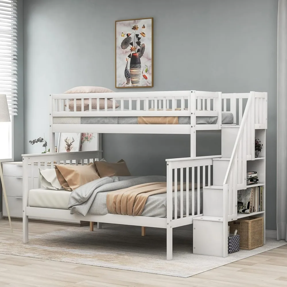 

MERITLINE Twin Over Full Bunk Bed with Stairs, Solid Wood Stairway Bunk Bed with Storage and Guard Rail for Kids Teens Adults –