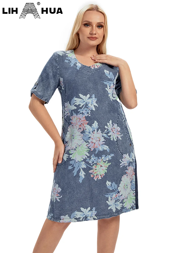 LIH HUA Women's Plus Size Denim Dress Autumn Chic Elegant Dresses For Chubby Women Woven Cotton  Dress