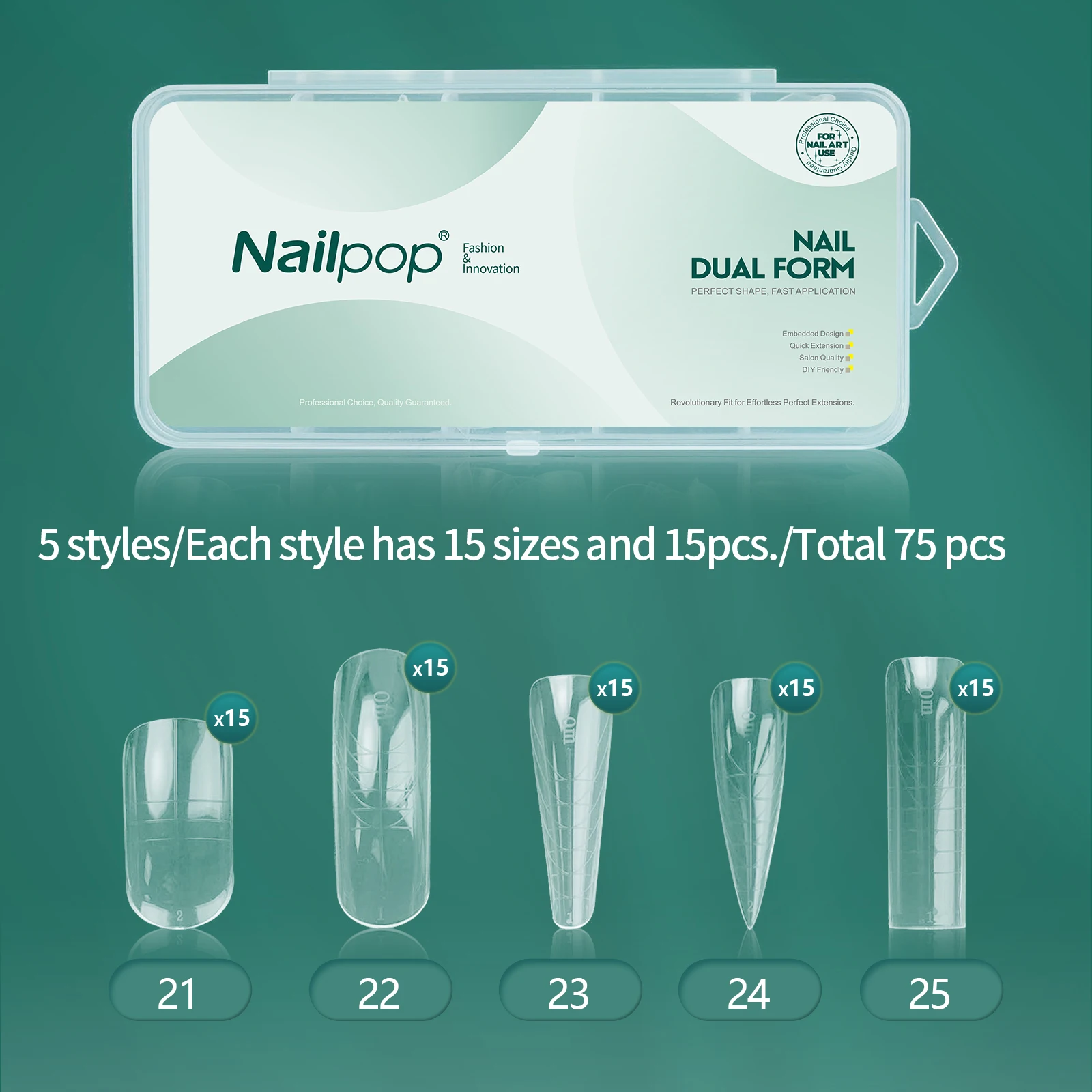 Nailpop Nail Dual Form Set 15 Size Clear Embedded Design Nail Dual Shape Full Coverage Extension Nail Manicure 75/288/360pcs