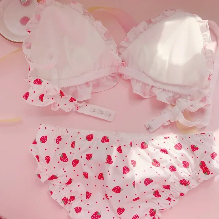 Aardbei/Print Japanse Melk Zijde Beha & Slipje Set Wirefree Zachte Ondergoed Intimates Set Kawaii Lolita Beha en Panty set