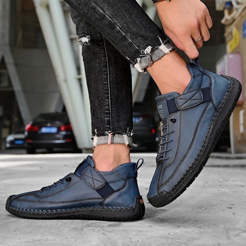 أحذية كاجوال كلاسيكية منخفضة القمة مخيطة يدويًا للرجال، أحذية رجالية أنيقة بلون سادة برباط، أحذية رياضية خارجية، أحذية قيادة مكتب الأعمال اليومية لجميع المواسم، مريحة ومسامية #6