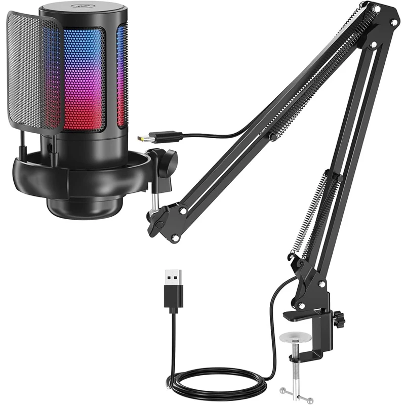 USB ميكروفون إلغاء الضوضاء مكثف هيئة التصنيع العسكري RGB تعليق قوس لبث بودكاست تويتش يوتيوب ديسكورد الكمبيوتر PS4 PS5