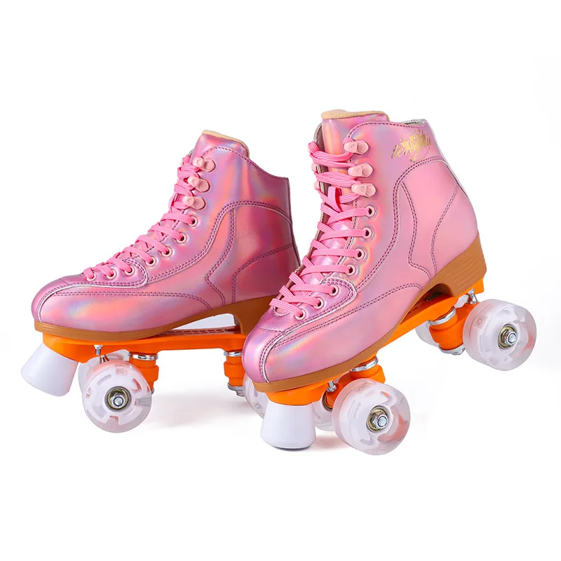 Womens Microfiber Roller Skate Double Line Skate 2 Row Quad Pink Skating Shoes Retro Sport Patines Sliding Gears Size 33-48