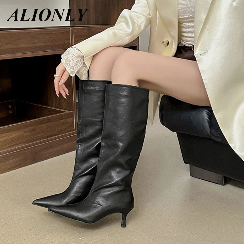 

Alionly/2026, новый дизайн, плиссированные кожаные сапоги выше колена, модные подиумные странные женские туфли на высоком каблуке с острым носком и молнией