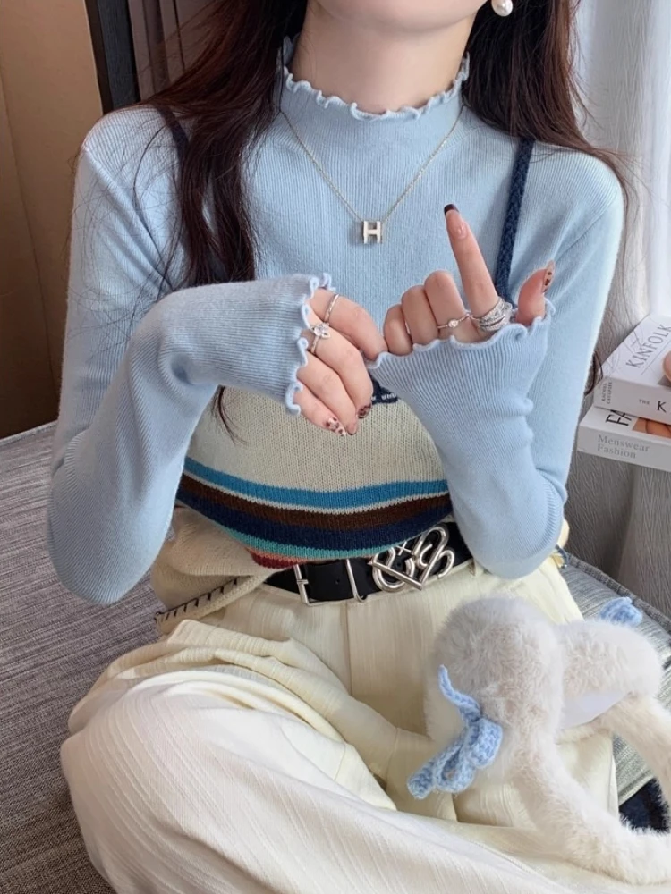 

AOSSVIAO High Quality Soft Turtleneck Sweater Autumn Winter 2025 Ruffles Pullovers Women Slim Basic Versatile Sweater Jumper