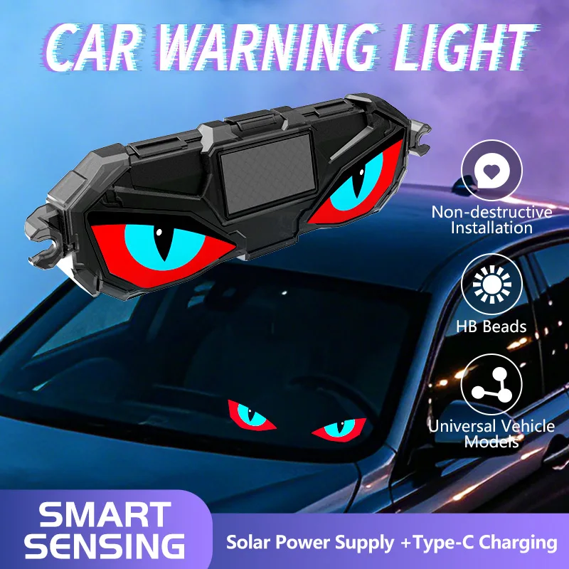 Dynamic Breathing Solar Powered Demon Eye Atmosphere Light Car Rear Windshield Anti-collision Warning Fit All Vehicles