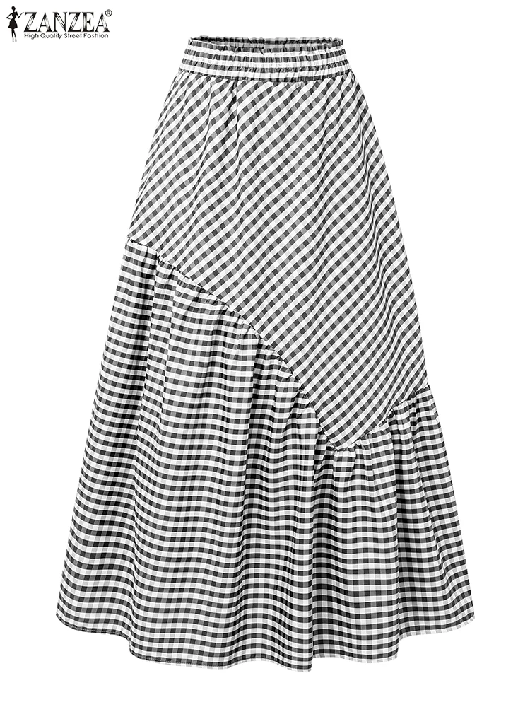 ZANZEA 2025 Summer Checked Skirt Women Casual Elastic Waist A-line Faldas Saia Loose Jupe Work Skirts Fashion Holiday Sundress