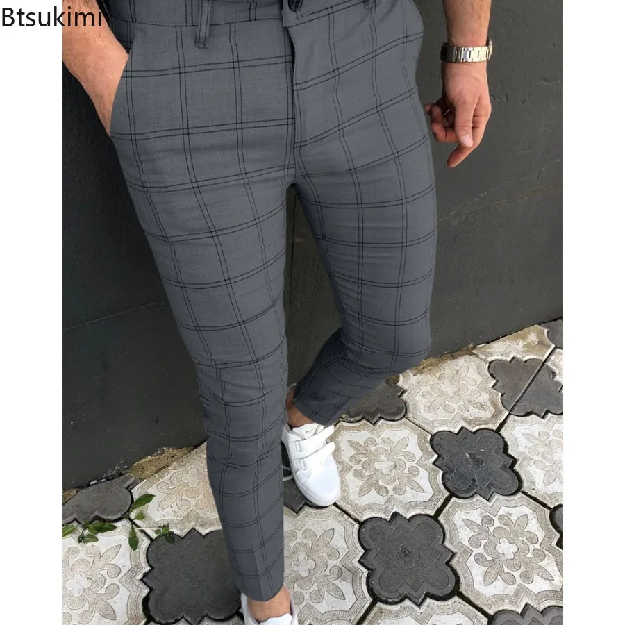 2024 Men's Classic Plaid Print Casual Pants Fashion Stretch Slim Business Social Versatile Pencil Pants Men Trousers Daily Wear