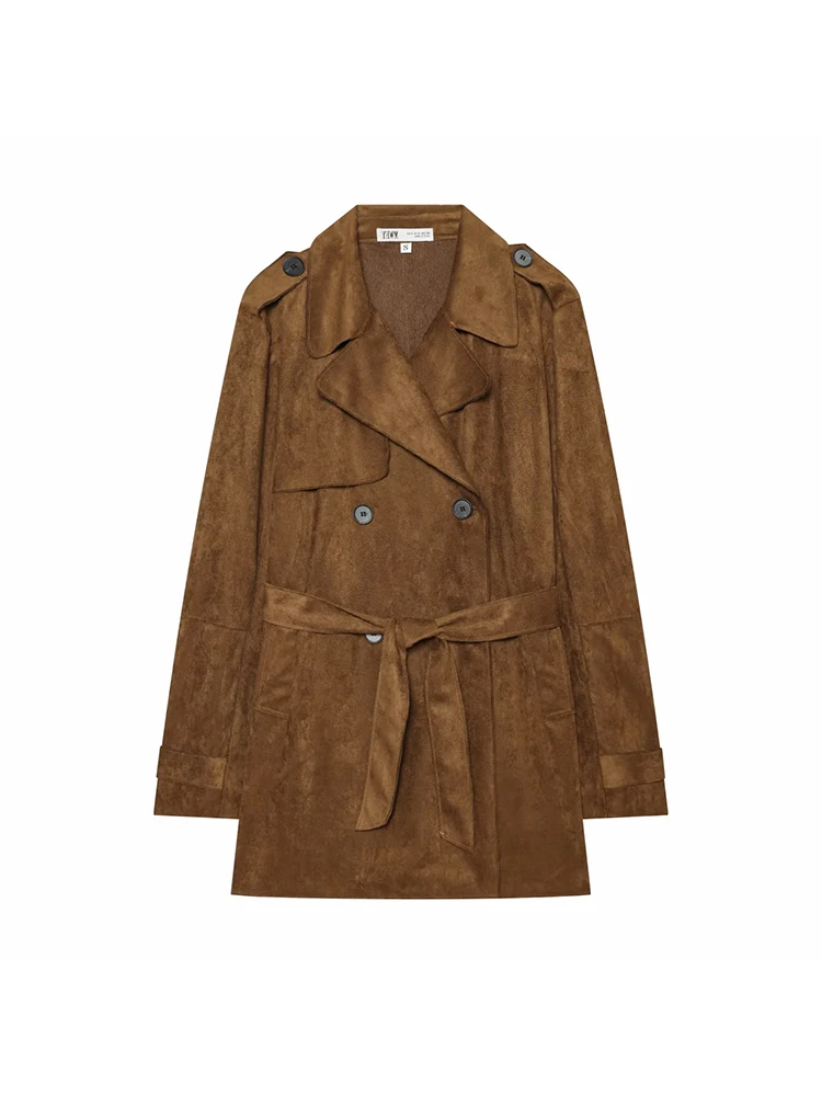 Women Autumn Winter Party Suede Trench Coat Women Belted Double Breasted Retro Street Chic Glamorous Trendy Lady Outerwear
