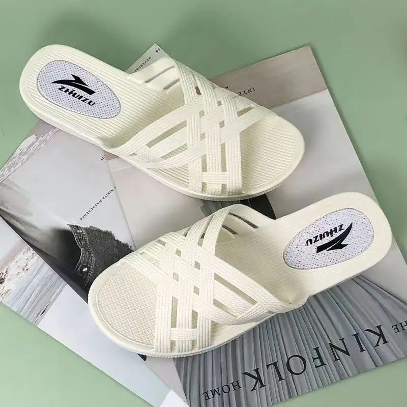 2024 Women's Summer New One Word Hollow Wedges Slippers Soft Sole Non Slip Home Silent Slipper Bathroom Slipper Beach Slippers