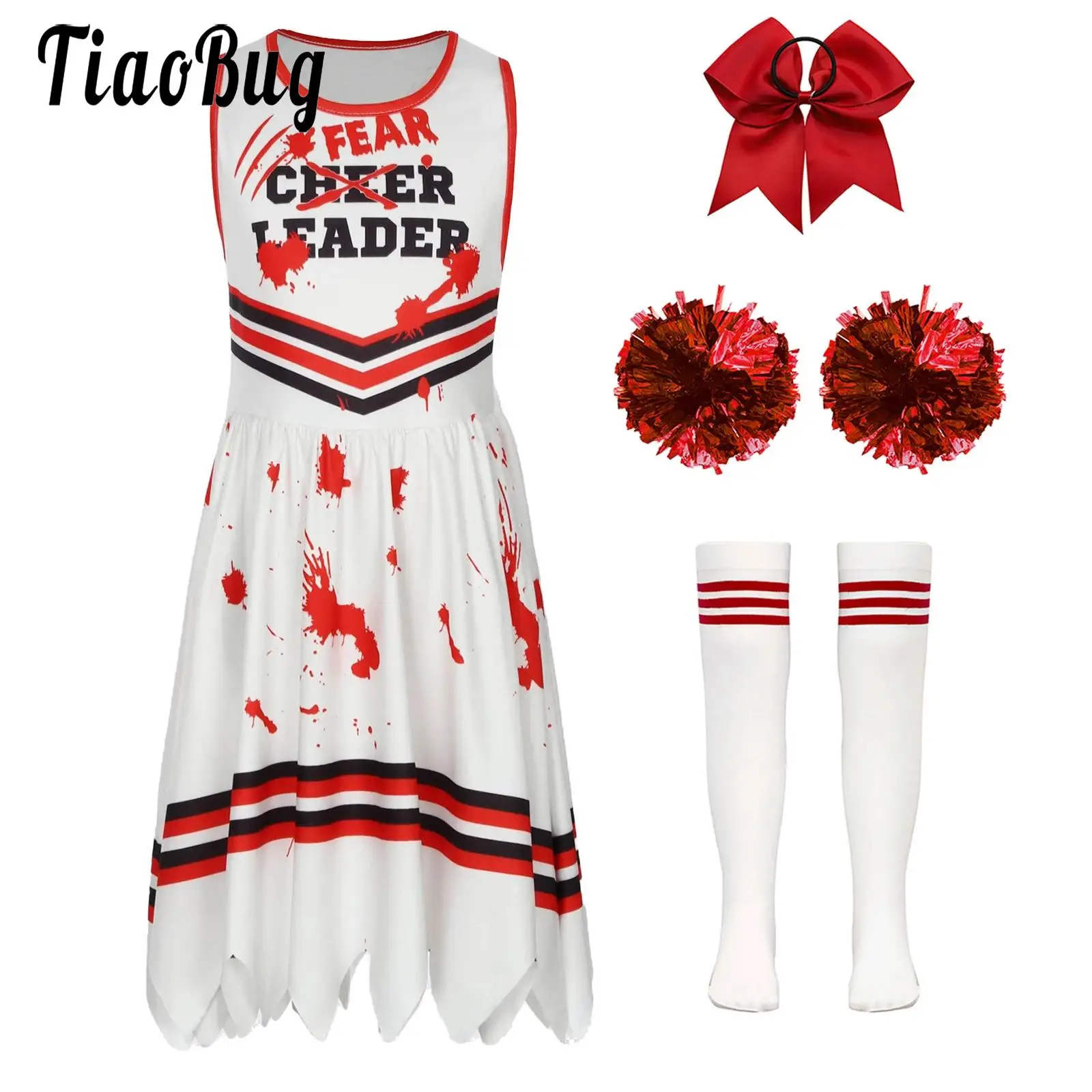 Kids Girls Cheer Leading Scary Bloody Outfit Serrated Dress with Hair Tie Hand Flowers and Socks Set Halloween Performance Suit