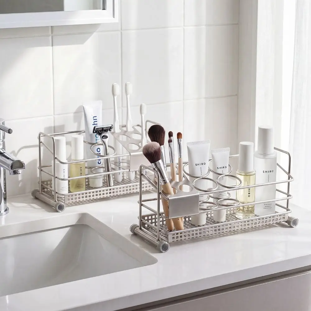 Stainless Steel Toothbrush Holder Rust Resistant Space Saving Bathroom Storage Rack Drainage Holes Perforated Bottom Tray