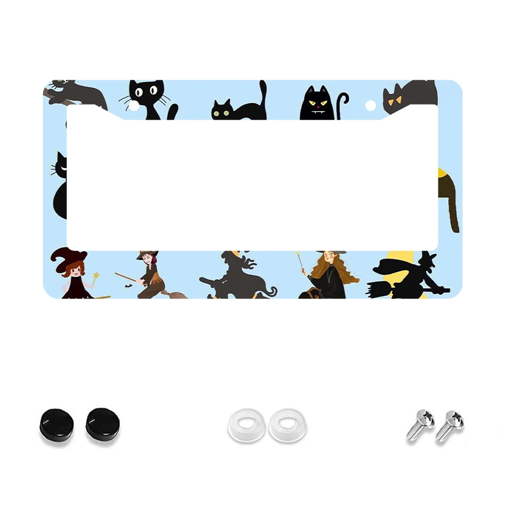 

1pc Blue Colorful Witch and Black Cat Pattern 2 Hole License Plate Frame, Aluminum Material, 6x12 Inches, with Screw Set, Carto