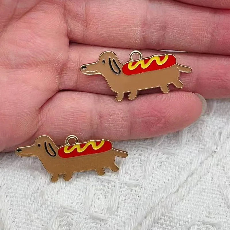 10pcs Alloy Enamel Sausage Dog Metal Charms Cute Puppy Tag Earring Keychain Necklace Pendant Diy Animal Jewlery Make