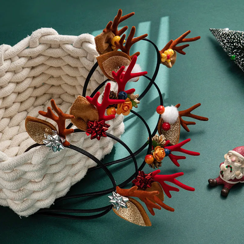 AISHG Christmas Headband Reindeer Antlers Horn Flower Hair BandClasp Headwear for Kids Adult New Year Party Halloween Cosplay