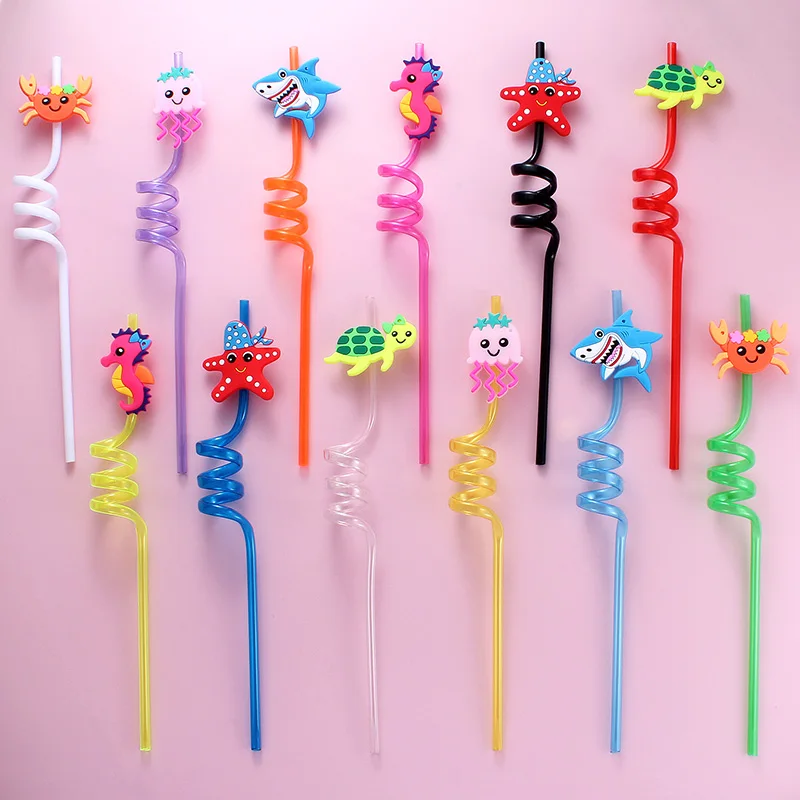 Set of 12 marine animal-themed spiral straws. Reusable spiral straws suitable for birthday parties, bars, and other occasions.