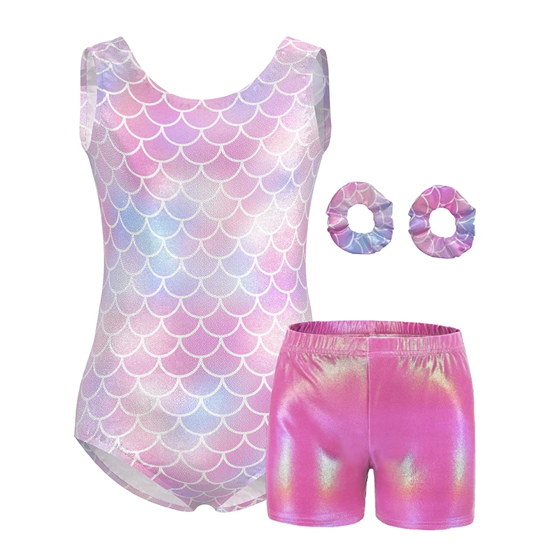 Girls Sleeveless Gymnastics Dance Leotard Kids  Shiny Tumbling  Activewear 4 Piece Dance Unitard for Kids