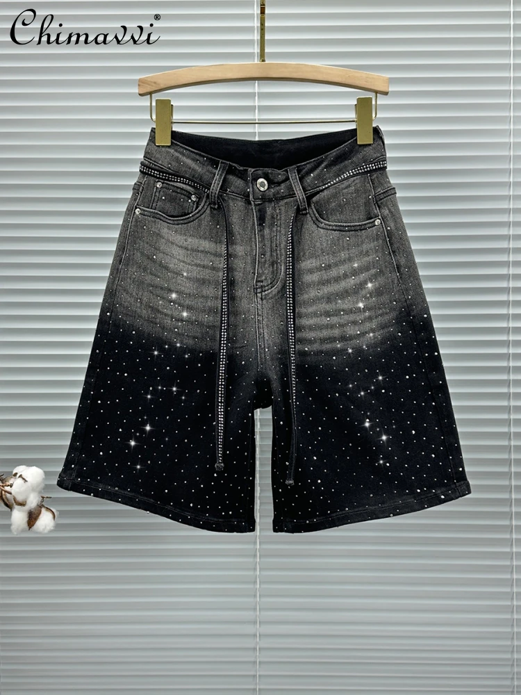 

Fashion Loose Hot Diamond Denim Shorts Women's 2025 Summer New High-waisted European High-street Women's Wide-leg Half Pants