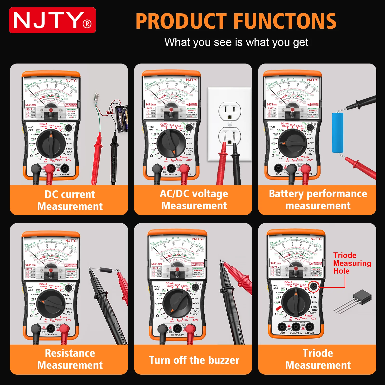 NJTY S471Pro Analog Pointer Multimeter Manual Range 1000V AC/DC Voltage Tester DC Current Resistance Measurement High Precision