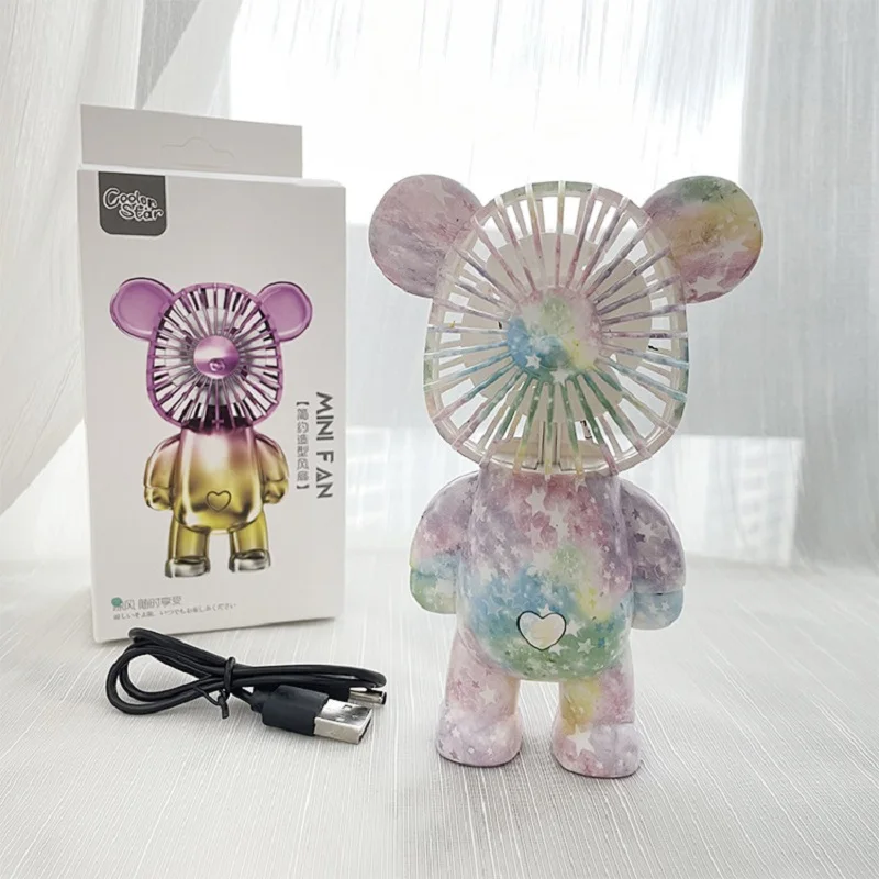 2023 New Noiseless Portable Small Fan A Summer Three-Gear Handle Small Fan Colorful Doodle Bear Small Fan Usb Charge
