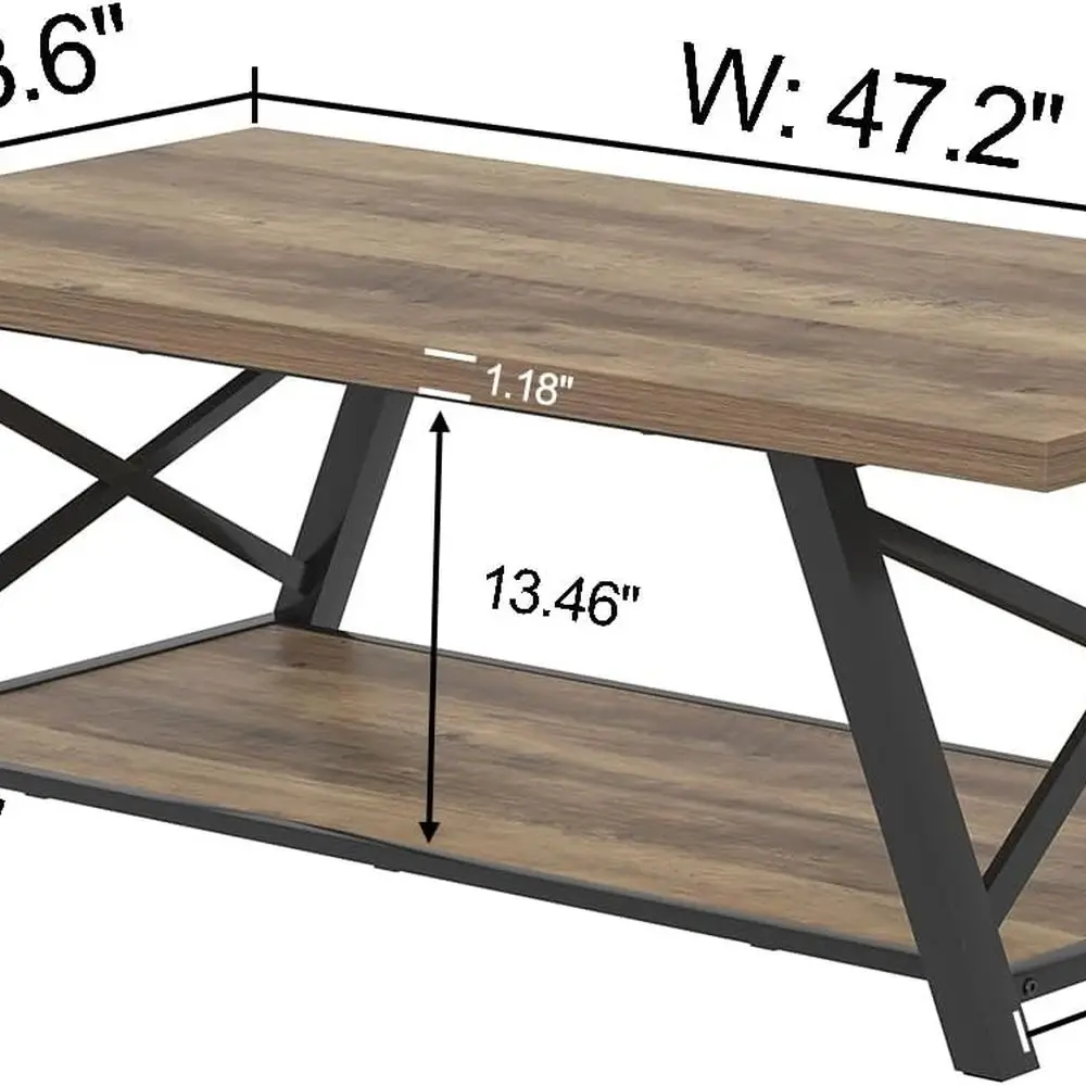 Rustic Oak Industrial-Style Rectangular Coffee Table with Storage Shelf, 47 for Living Room