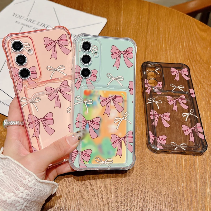 حافظة جيب للبطاقات لهاتف سامسونج جالاكسي S25 Edge S24 Ultra Plus S23 S24 FE S22 A56 A55 A36 A26 A16 5G A35 A25 A15 ربطة القوس فيونكة غطاء من البولي يوريثان