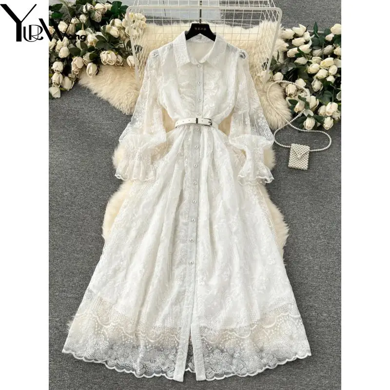 GetSpring Women Dress 2025 Spring New Retro Black White Embroidery Puff Sleeve Single Breasted Belt Slim Fit Long Lace Dresses