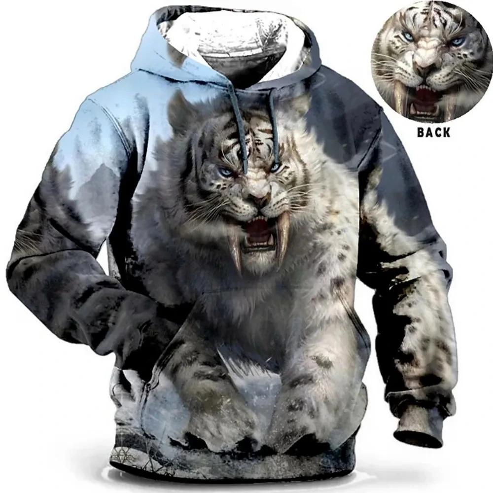 Moletom vintage de manga comprida masculino, padrão animal lobo, estampa 3D, águia, leopardo, casual, com capuz de tigre extragrande, outono, inverno