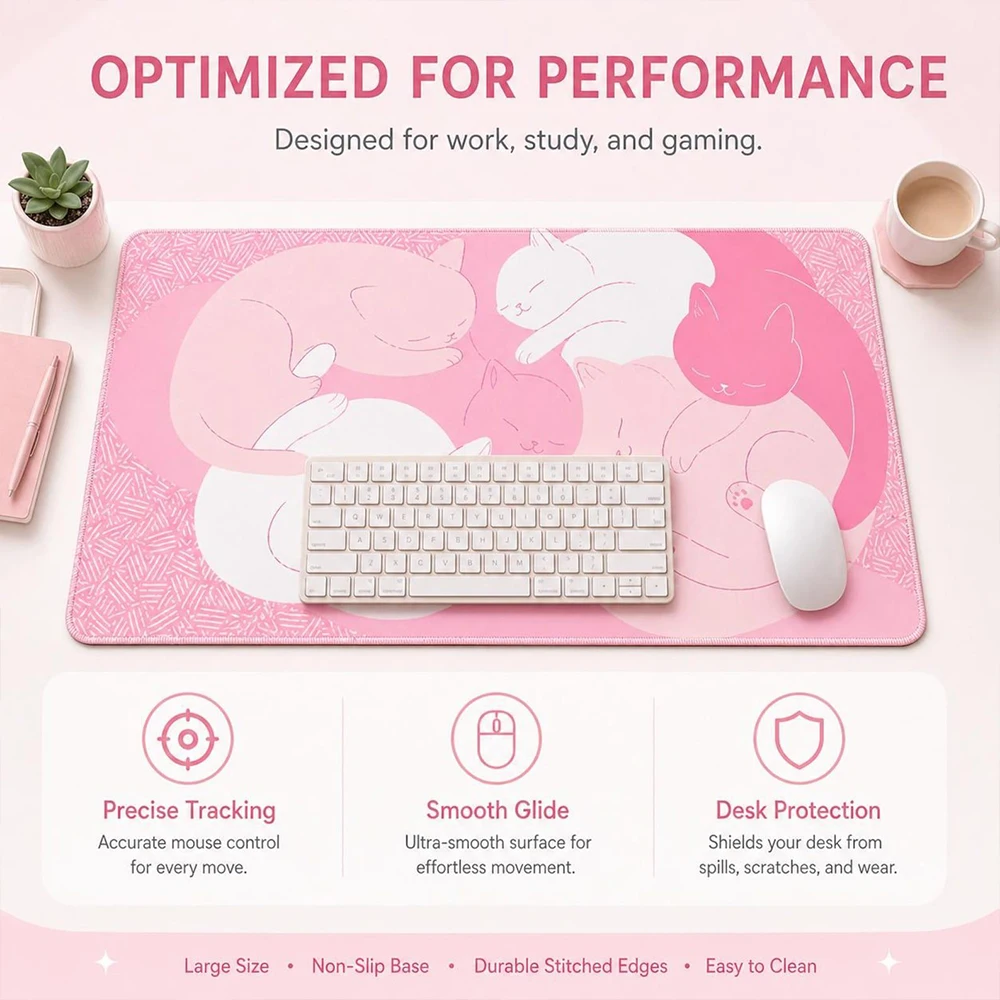 Pink Cat Desk Mat,Kawaii Sleeping Cats Mouse Pad,Large Cute Keyboard,Waterproof Non Slip Gaming DeskPad,Cat Lover Gift Mousepad
