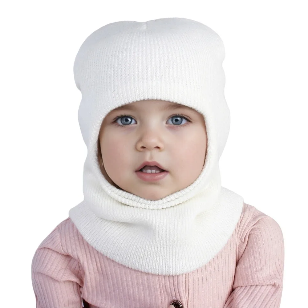 Fashion Solid Color Integrated Scarf Cap Knitted Warm Baby Hooded Beanie Neck Protection Breathable Baby Balaclava Hat Outdoor