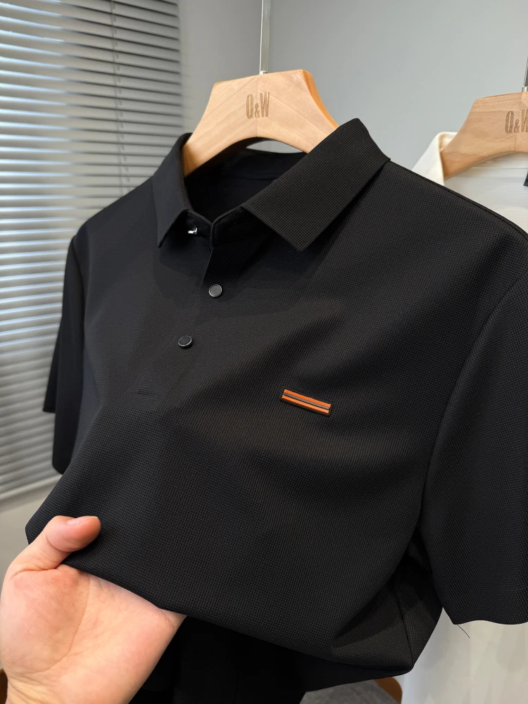 

Men's Waffle Knit Ice Silk Polo Shirt New Summer Short Sleeve Solid Color Casual Shirt Collar T-Shirt for Middle-Aged New Men