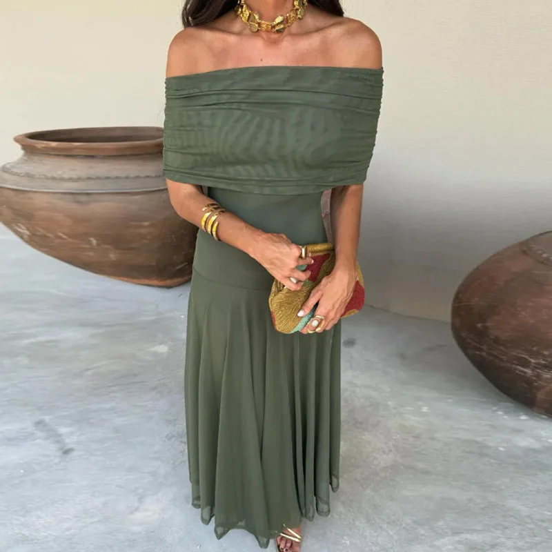 Elegante off-shoulder splitsen mesh feestjurken vrouw sexy strapless effen geplooide lange jurk zomer backless holle boho jurk