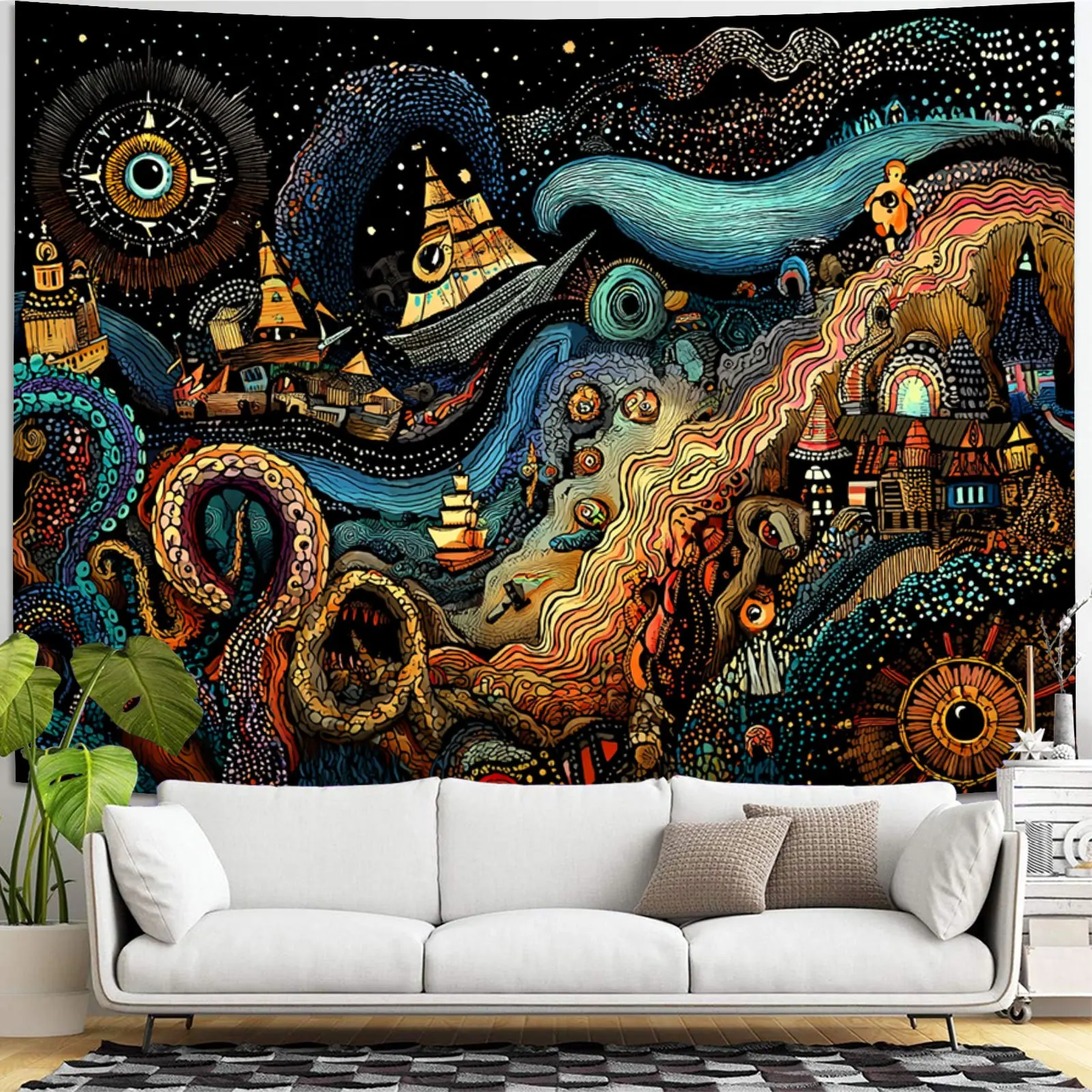 A Digital Printed Tapestry Depicting a Fantastical World of Intertwined Phenomena in a 2D Plane, Suitable for Decorating Walls i