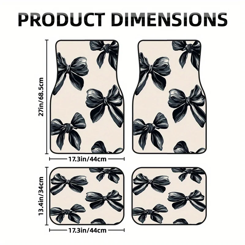 Universal Chic 4Pcs Car Floor Mats Set With Black Bow Print, Stylish Interior Accessories For Ladies