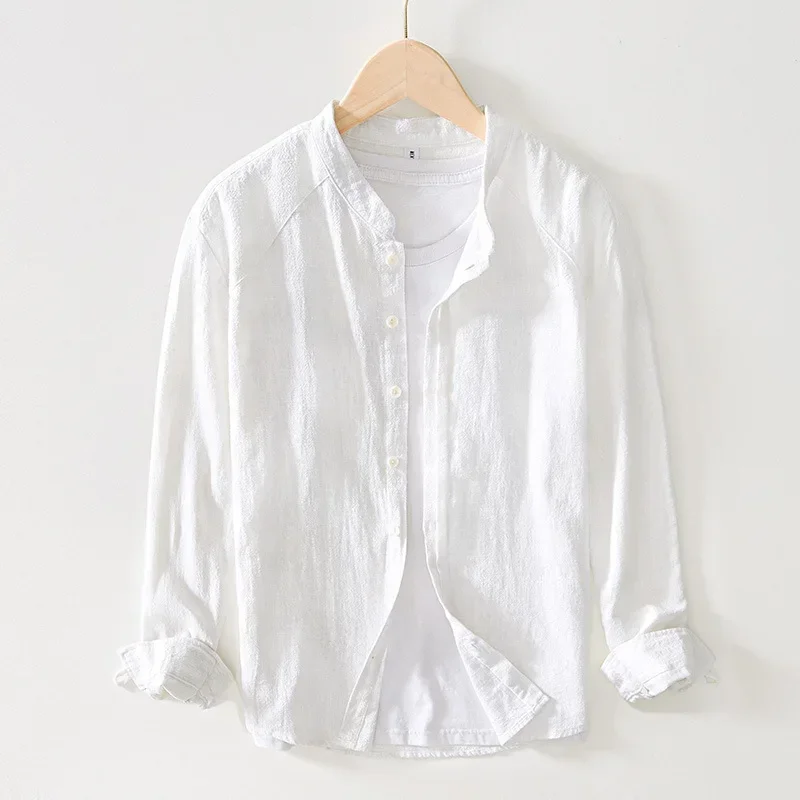 Summer Cotton Linen Shirt Men Daily Breathable Top Japanese Vintage Stand Collar ShirtsCasual Long Sleeve White Shirt Man Simple