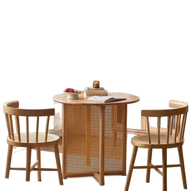 

Japanese style solid wood rattan round table Internet celebrity household small apartment coffee table balcony retro log dining