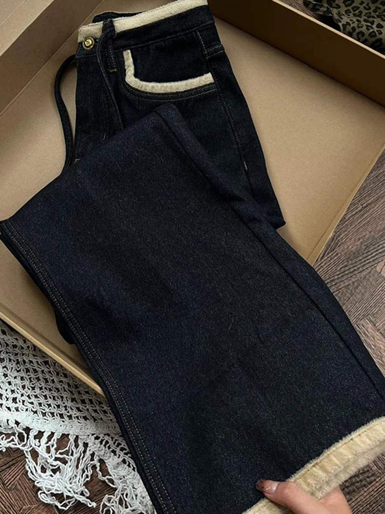 ارتفاع الخصر سميكة الدافئة الدنيم السراويل النساء خمر الخريف الشتاء جديد المخملية اصطف الأزرق الداكن مستقيم واسعة الساق الجينز