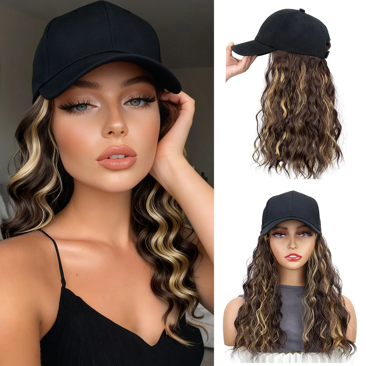 Synthetic Baseball Cap Wig Natural Wave Hair Extensions With Hat Heat Resistant Wig Black Cap Wigs for Women