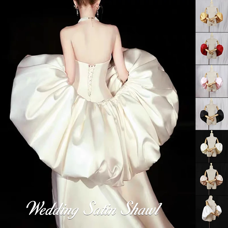 فستان الزفاف فقاعة الساتان عباءة منتفخة الأكمام التفاف بوليرو الزفاف حفلة موسيقية فستان شال أكمام اليد أداء التفاف الذراع أدفأ DIY بها بنفسك